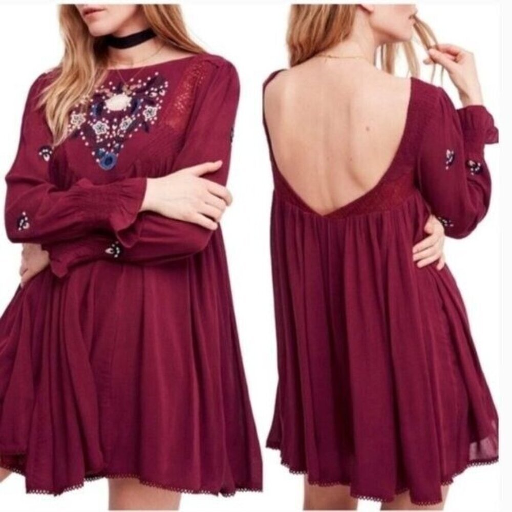 Free People M Mohave Embroidered Mini Dress Plum Boho Flowy Long Sleeve Shift